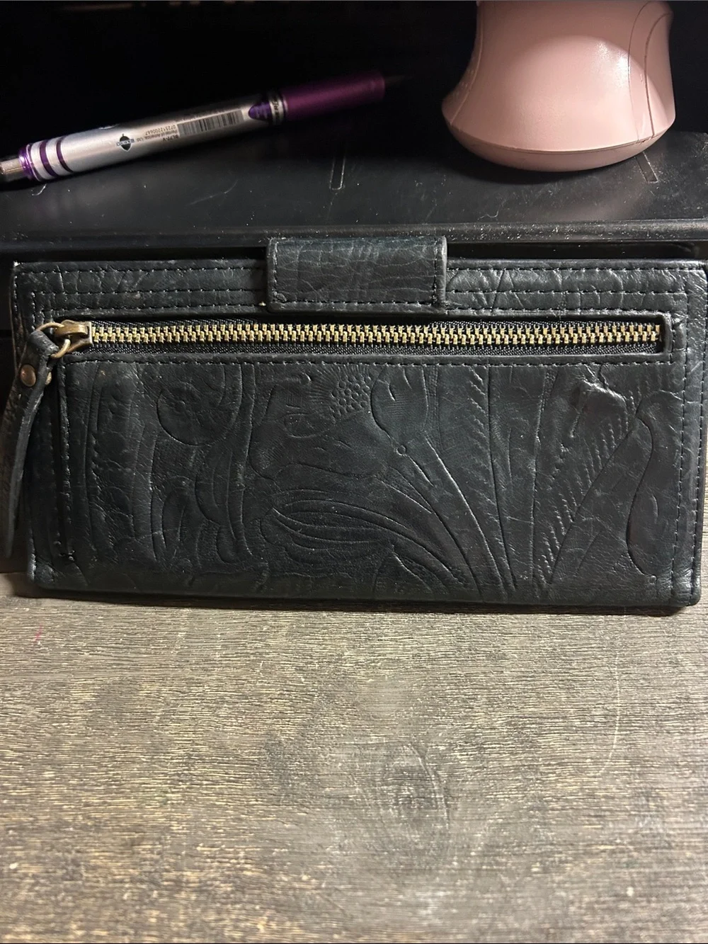 Embossed Black Leather Wallet - Floral Motif